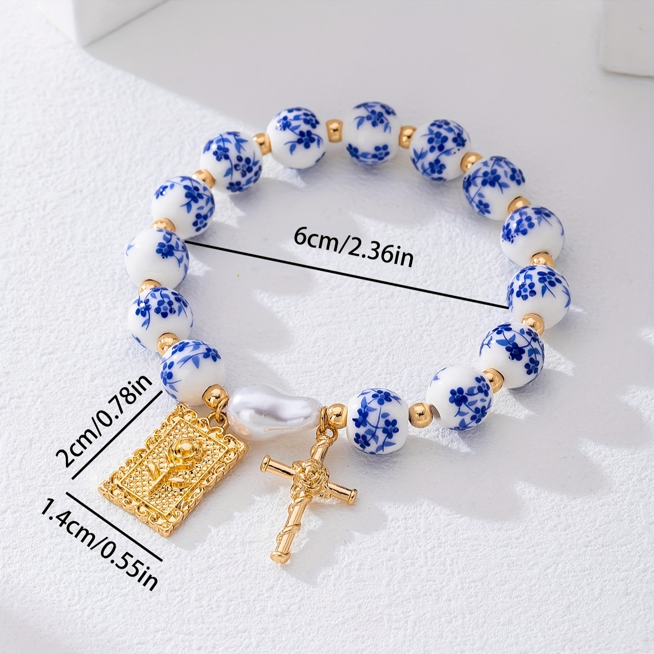 Floral Bead Bracelet with Cross Pendant, Retro Style